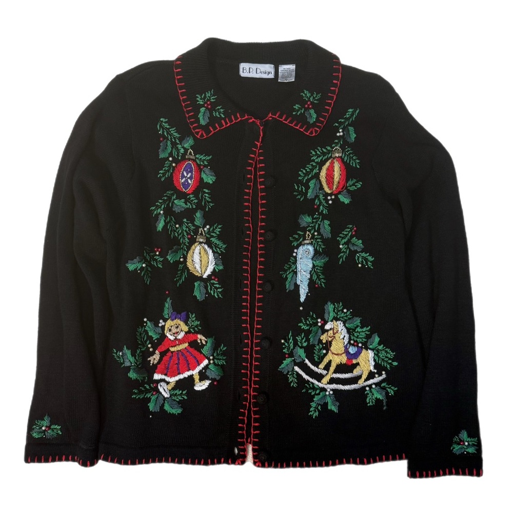 Vtg B.P. Design Women’s Black Christmas Embroidered Cardigan Size XL Festive